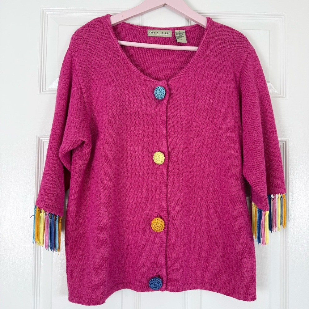 Vintage Rainbow Artsy Fringe Crocheted Buttons Bellpointe Raime Cotton Cardigan